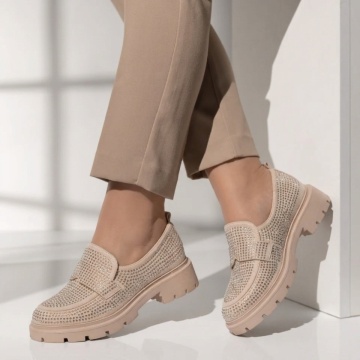 Pantofi casual bej dama cu talpa groasa si pietre aplicate MOD06123