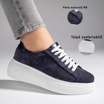 Pantofi casual dama albastri inchis suede cu siret si talpa groasa din Piele naturala ZEF11129, 3, zeforia.ro