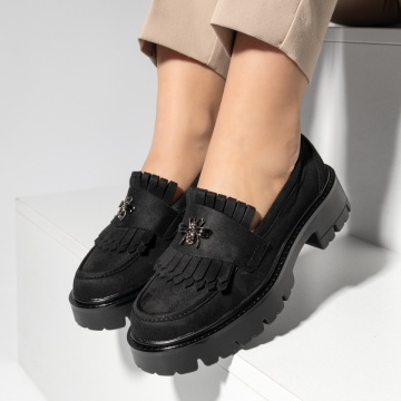Pantofi dama, Pantofi casual dama cu accesoriu decorativ negri suede MOD14197, modlet.ro