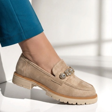 Pantofi casual dama cu accesoriu metalic bej suede LILI22, 3, modlet.ro