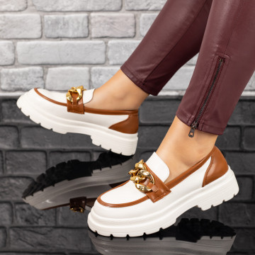 Pantofi casual dama cu lant decorativ albi cu maro MOD03093, 3, modlet.ro