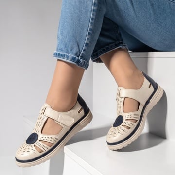 Pantofi dama, Pantofi casual dama cu perforatii bej cu albastru EVA91, modlet.ro