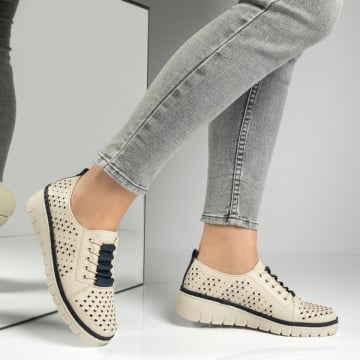 Pantofi dama, Pantofi casual dama cu perforatii bej cu albastru EVA93, modlet.ro