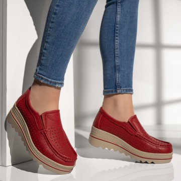 Pantofi casual dama cu perforatii rosii din Piele naturala MOD13102, 3, modlet.ro