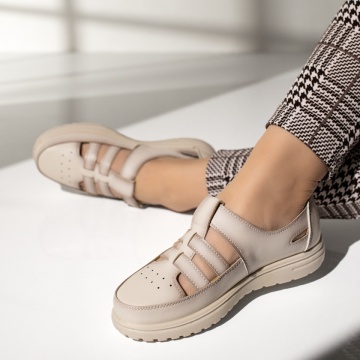 Pantofi casual dama cu perforatii si inchidere cu scai bej MOD13320, 2, modlet.ro