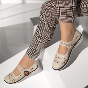 Pantofi casual dama cu perforatii si inchidere cu scai bej MOD13322, 2, modlet.ro