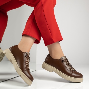 Pantofi casual dama cu siret elastic maro din Piele naturala MOD13150, 4, modlet.ro