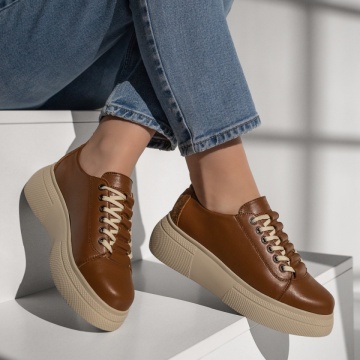 Pantofi casual dama cu siret si talpa groasa maro din Piele naturala MOD11127, 4, modlet.ro