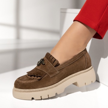 Pantofi casual dama cu talpa groasa maro suede din Piele naturala MOD12211