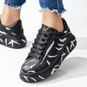 Pantofi casual dama cu talpa groasa negri cu alb MOD07861, 2, modlet.ro