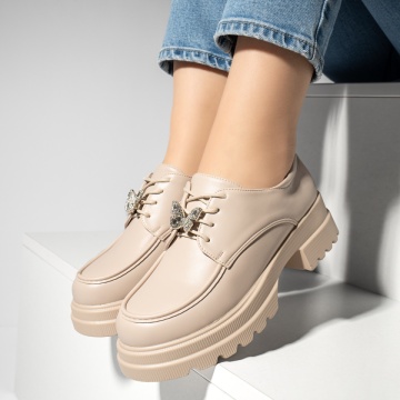 Pantofi casual dama cu talpa groasa si accesoriu metalic bej MOD13248, 2, modlet.ro