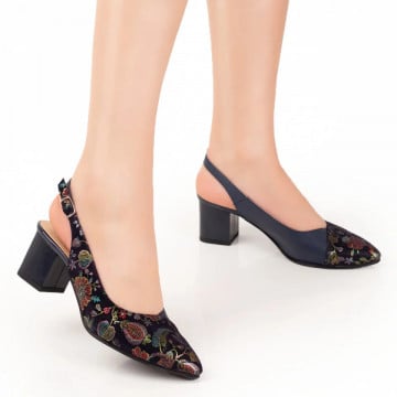 Pantofi cu toc dama albastri cu model floral din Piele naturala ZEF07639, 4, zeforia.ro