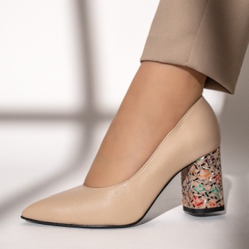 Pantofi cu toc dama si print bej din Piele naturala MOD12047, 3, modlet.ro