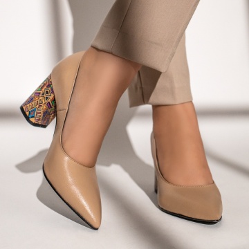Pantofi cu toc dama si print nude din Piele naturala MOD12047, 3, modlet.ro