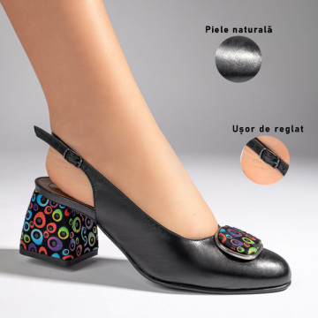 Pantofi cu toc gros dama negri din Piele naturala cu buline MOD11065, 3, modlet.ro