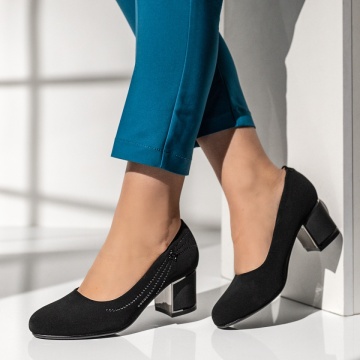 Pantofi cu toc gros dama negri suede MOD08344