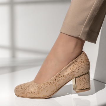 Pantofi cu toc, Pantofi cu toc gros dama si imprimeu bej MOD14192, modlet.ro