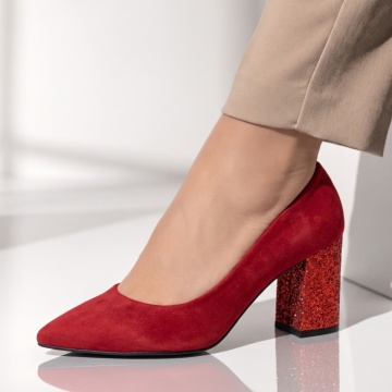 Pantofi cu toc gros dama visinii suede glitter MOD08378