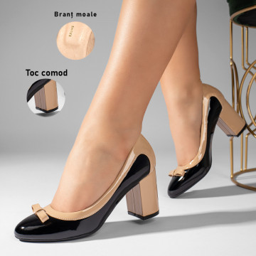 Pantofi cu toc gros negru cu bej luciosi MOD10986, 1, modlet.ro
