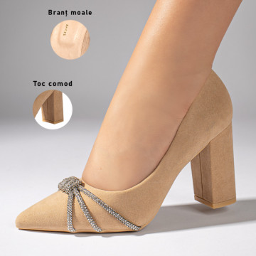 Pantofi cu toc gros si varf ascutit bej dama MOD10990, 3, modlet.ro
