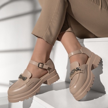 Pantofi dama cu bareta si aplicatii cu pietre bej MOD13014, 2, modlet.ro