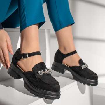 Pantofi dama cu bareta si aplicatii cu pietre negru suede MOD13014, 3, modlet.ro