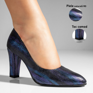 Pantofi dama cu toc gros albastri cu print din Piele naturala MOD10220, 3, modlet.ro