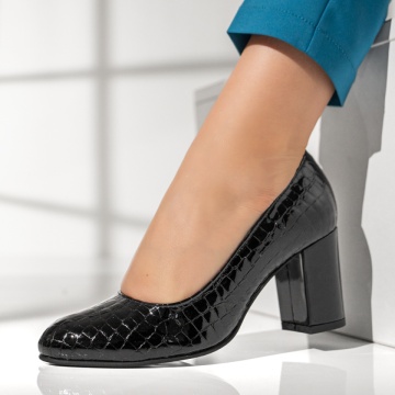 Pantofi dama cu toc gros negri luciosi din Piele naturala MOD12927, 2, modlet.ro