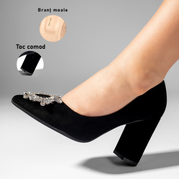 Pantofi dama cu toc gros si accesoriu metalic negri suede MOD10984, 3, modlet.ro