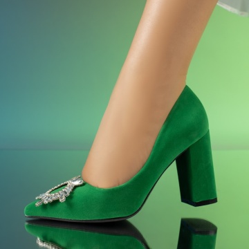 Pantofi dama cu toc gros si accesoriu metalic verde suede MOD10984, 1, modlet.ro