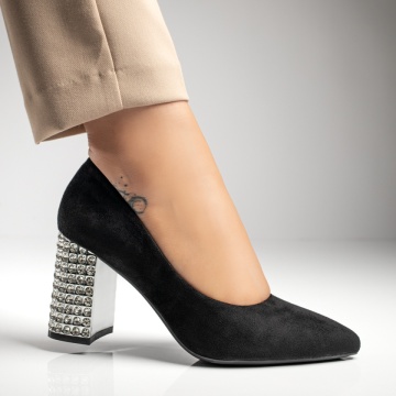Pantofi dama cu toc gros si aplicatii cu pietre negru suede MOD12031, 1, modlet.ro