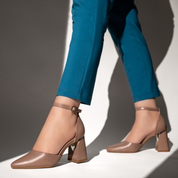Pantofi dama cu toc gros si bareta bej inchis MOD13101, 3, modlet.ro
