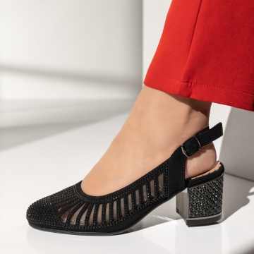 Pantofi cu toc, Pantofi dama cu toc gros si bareta negri suede MOD14240, modlet.ro