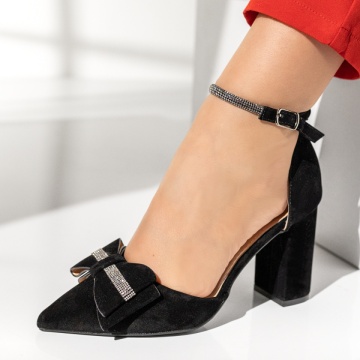 Pantofi cu toc gros dama, Pantofi dama cu toc gros si bareta negru suede MOD14170, modlet.ro