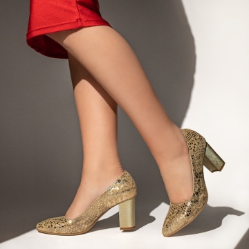 Pantofi dama cu toc gros si imprimeu aurii din Piele naturala MOD13484, 3, modlet.ro