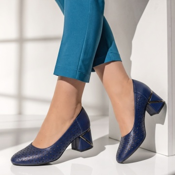 Pantofi cu toc, Pantofi dama cu toc gros si perforatii albastru inchis INA25, modlet.ro