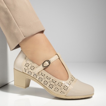 Pantofi dama cu toc gros si perforatii bej MOD13258, 2, modlet.ro