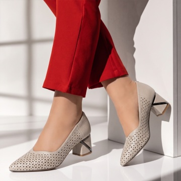 Pantofi dama cu toc gros si perforatii gri deschis INA24, 2, modlet.ro