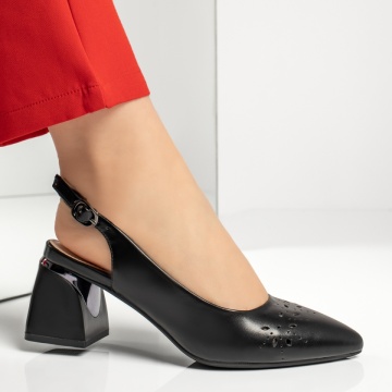 Pantofi dama cu toc gros si perforatii negri IRIS33, 3, modlet.ro