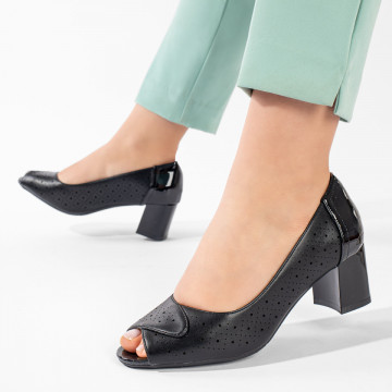 Pantofi dama cu toc gros si perforatii negri MOD11214, 2, modlet.ro