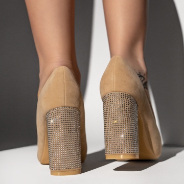 Pantofi dama cu toc gros si strasuri bej suede LIA36, 2, modlet.ro