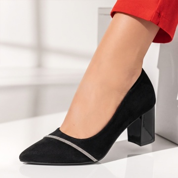 Pantofi dama cu toc gros si strasuri negru suede IRIS36, 2, modlet.ro