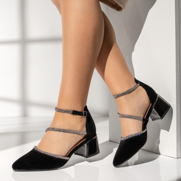 Pantofi dama cu toc gros si strasuri negru suede LIA41, 2, modlet.ro