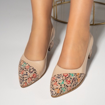 Pantofi dama cu toc mic bej cu print din Piele naturala MOD12143, 4, modlet.ro