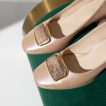 Pantofi dama cu toc si accesoriu metalic bej sidefat din Piele naturala MOD13958, 2, modlet.ro