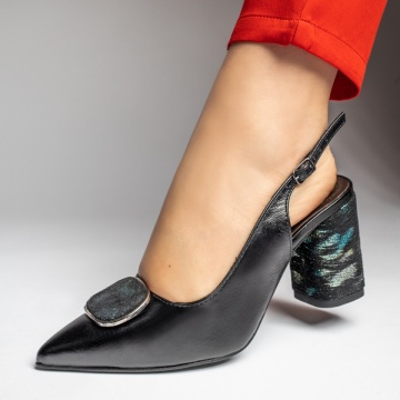 Pantofi dama cu toc si bareta negri cu imprimeu multicolor din Piele naturala ZEF13130, 5, zeforia.ro