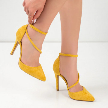 Pantofi dama cu toc si barete galben suede MOD04728, 2, modlet.ro