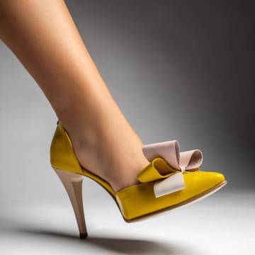 Pantofi dama cu toc si fundita galbeni din Piele naturala MOD12932, 2, modlet.ro