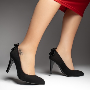 Pantofi dama cu toc si fundita negru suede din Piele naturala MOD13497, 2, modlet.ro