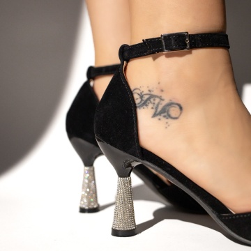 Pantofi dama cu toc si fundita negru suede LIA19, 3, modlet.ro